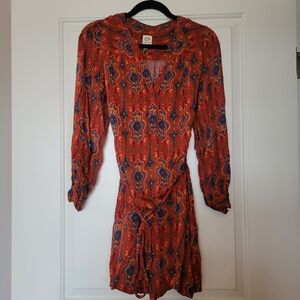 Anthropologie Bohemian Red Patterned Dress With Snap Buttons And Tie Belt